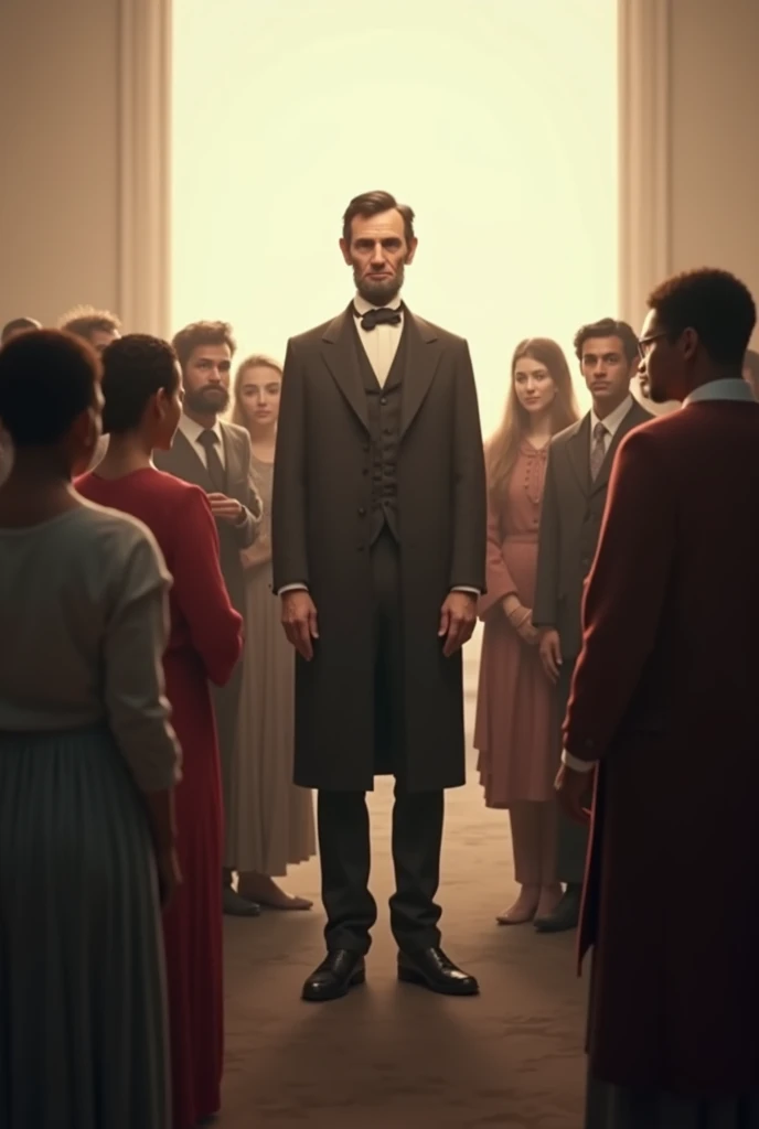 "Lincoln standing in front of a diverse group of people, with a soft light shining on him, representing his dream of equality for all races, ages, and backgrounds."