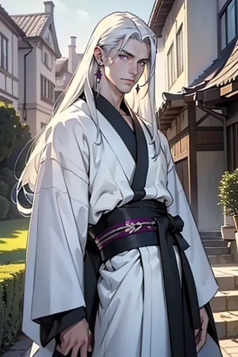 ((masterpiece)), (((best quality))), solo, 1 male, pale white skin, (long white hair), (((straight hair))), side part, very handsome young man, beautiful face, large defined pecs, (thick thighs), slender, purple eyes, realistic clothing, kimono, earrings, ...