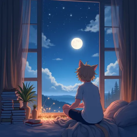 A tranquil anime-style scene featuring a male cat person with soft, neutral-toned hair, relaxed cat ears, and a calm expression, sitting by a window and looking out at a serene night sky with a bright moon and stars. The character has a thoughtful gaze, as...