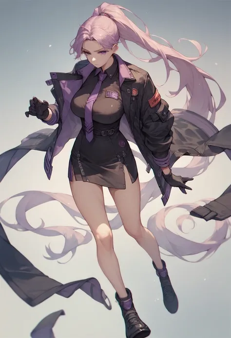 yoo_mina, 1girl, solo, long hair, purple eyes, large breasts, gloves, necktie, black gloves, ponytail, skirt, jacket, shirt, very long hair, black jacket, open clothes, black shirt, black footwear, anime coloring, 