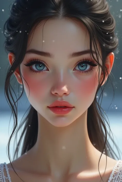 Beautiful realistic teenager with black hair and big blue eyes, fine features, upturned nose,  pink lips, and ice skater  