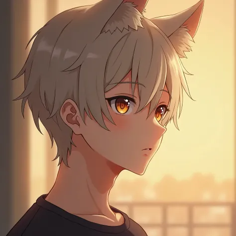 An anime-style male cat person with soft, neutral-colored hair (beige or ash grey) and subtle cat ears, giving a gentle yet introspective expression. He gazes slightly to the right with warm, thoughtful eyes, conveying a sense of calmness and curiosity. Th...