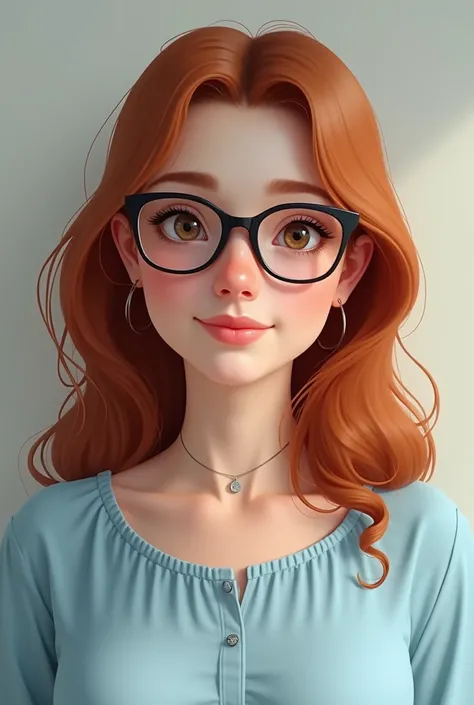  do a 24-year-old girl, realistic, light eyes, glasses, parts,  reddish hair, light blue blouse, Hair around the neck 