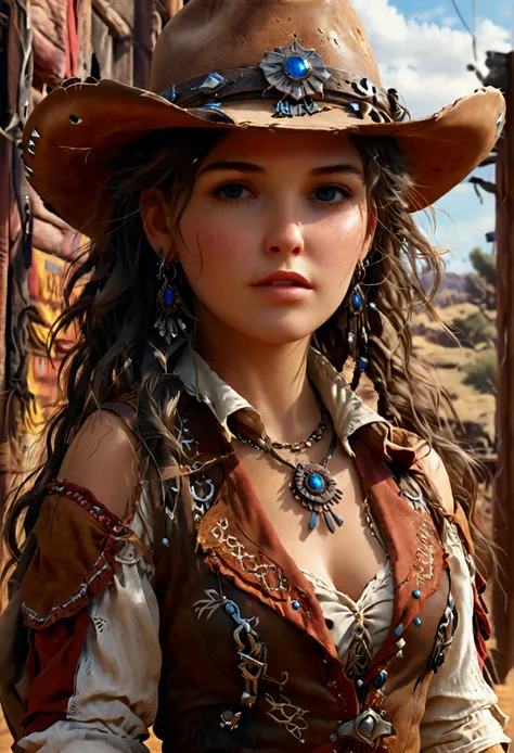 1 hyper realistic girl in wild west clothes, fantasy art,  photorealistic ,  dynamic lighting , artstation,  highly detailed fac...