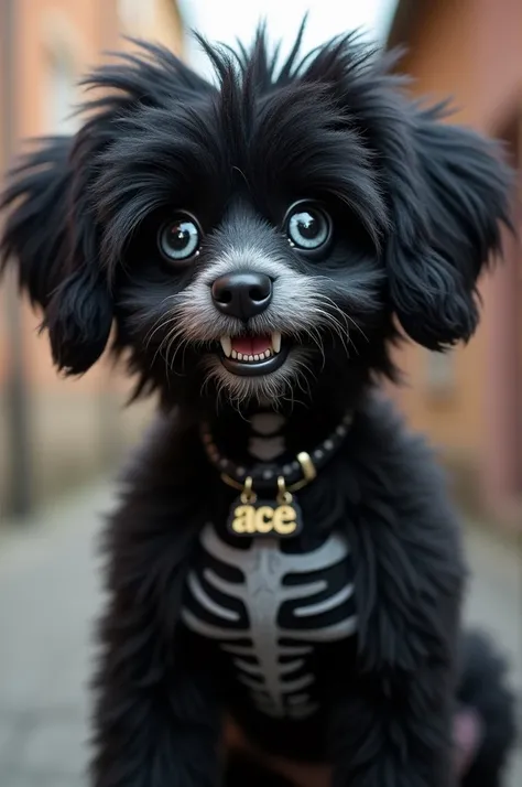 let me try to paint a picture with words! ace is a skull dog with a mischievous grin, fluffy black fur, and white eyes that sparkle with mischief. hes wearing a little name tag with his name,
"ace", written in a fun, bubbly font. hes got a bit of a punk-ro...