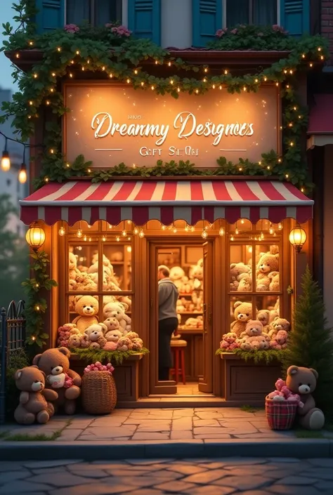 A gift shop full of teady bears and other gifts with beutifull bill board written "Dreamy Designers : gift shop " front view of shop with fairy lights and people 