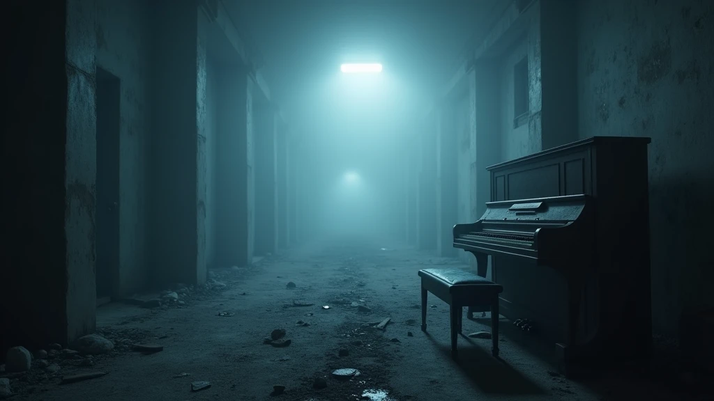 abandoned apocalyptic space, very foggy and featuring an abandoned worn piano, broken, in ruins, echo, spooky, gripping, fog, mysterious, night, ray tracing, dark cinematic blue or grey lighting, depth of field, wide shot, 8k, 4K, high resolution, top qual...