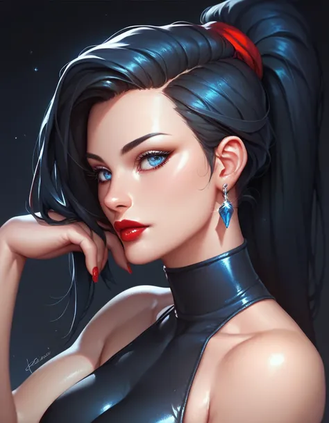 female black sleeveless catsuit with bare shoulders and racerback, bare toned arms, beautiful faces,red nail, red lips, black haired long ponytail with showing forehead, black earrings, soft smooth skin, pale skin, black background, blue eyes, sci-fi