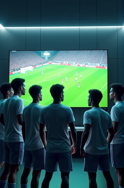 Soccer players watching soccer on giant TV 