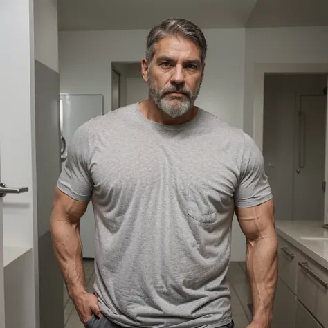 50 years old,  man, muscle, large, grey short hair, grey beard, wrinkled face, handsome, white v-shirt, standing