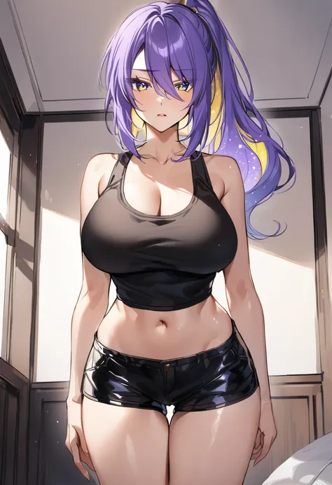 Wide hips,round breast,long purple hair,concern,look at viewer,moona hoshinova,indoor,yellow inner hair,black tanktops,mini black shorts,ponytail