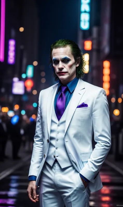 (masterpiece,  Best quality,  lyrics, highres, Ultra-detailed),   Cyber world ,non-non-humans , street,neon lights, (masterpiece,  Best quality,  lyrics, highres, Ultra-detailed), realistic 4k with the joker standing in the city wearing a white suit and a ...