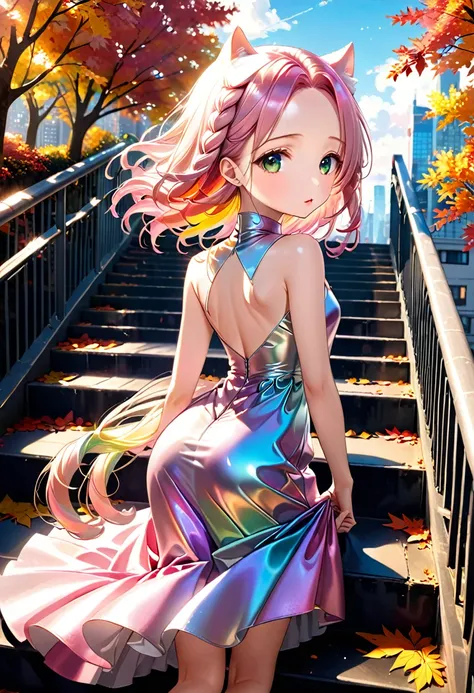 ((Going down the stairs on the fall school route:1.5))、((Chibi:1.5)), ((((from Oblique back shot :1.5、From the sky:1.5)), back view:1.5, looking away)),  one girl playing pranks, ((Top Models:1.5))、Best Quality, masterpiece,  super high definition, (Realis...