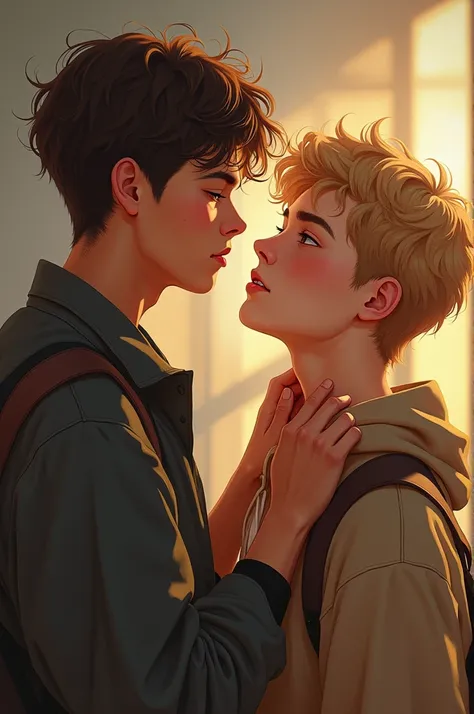 Ethan: A shy, introverted 17-year-old boy with messy brown hair and brown eyes. He’s artistic, thoughtful, and often overthinks things. He’s just starting to realize his bisexuality.
James: A confident, athletic 18-year-old boy with blonde hair and blue ey...