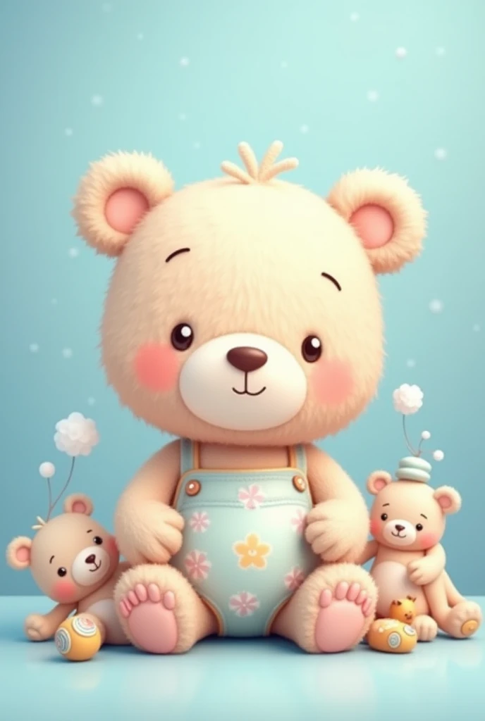   Little bear with baby clothes and baby things, with blue Baby Shower background