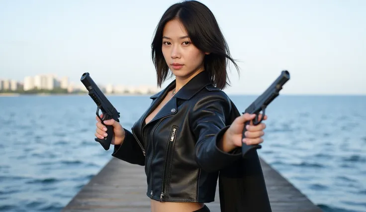 A Chinese female assassin, wearing a tight black leather jacket, cool face, short hair, sexy, holding a pistol in both hands, leaning to the left, behind is the pier, high quality image, full light, real person