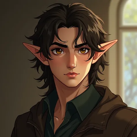 Half elf guy with dark brown hair and hazel eyes