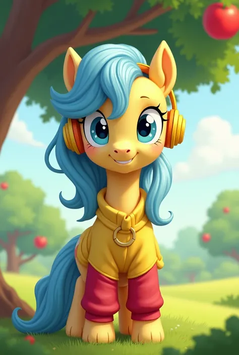 Male Alicorn Pony with faded yellow fur ,light blue hair with blue streaks and blue eyes; yellow sweatshirt with red sleeves,yellow gamer headphones; love the right is blue and the left is orange cutemark. in a field in front of an apple tree. My Little Po...