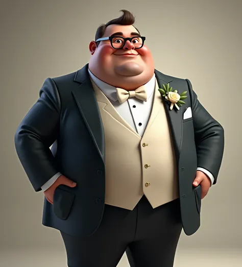 a very fat man with glasses and a wedding suit