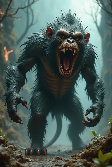 Create a picture of a hybrid version where features of the [Bad] and [Monkey] are combined into a single, seamless entity with a monstrous dangerous appearance and background intense their