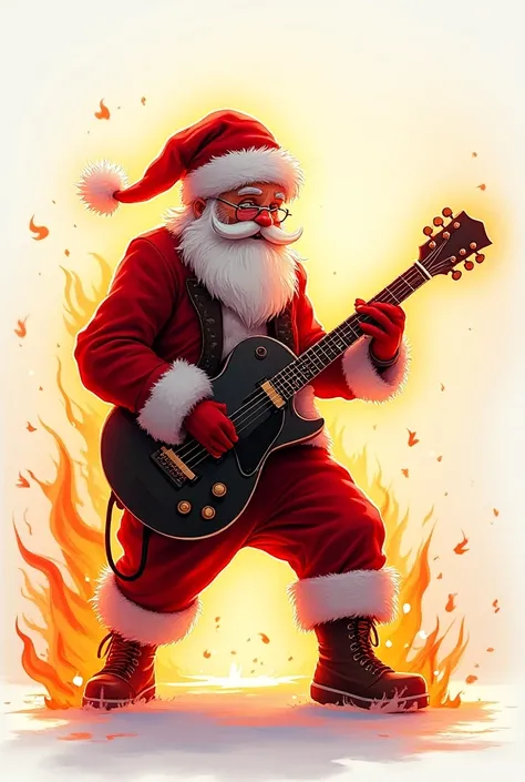 Santa Claus animated rocker version, playing electric guitar, with her red suit and fiery silhouette, With transparent background