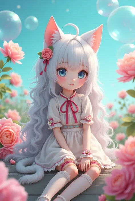 cute girl with cat ear and cat tail, clear and beautiful, realistic, full body, Girls Front, focus on the girl, sitting, long white hair, curly hair, Air bangs, white and silver hair, beautiful detailed hair, beautiful detailed face, ^ ^, extremely detaile...