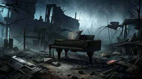 abandoned apocalyptic space, very foggy and featuring an abandoned worn piano, broken, in ruins, echo, spooky, gripping, fog, my...