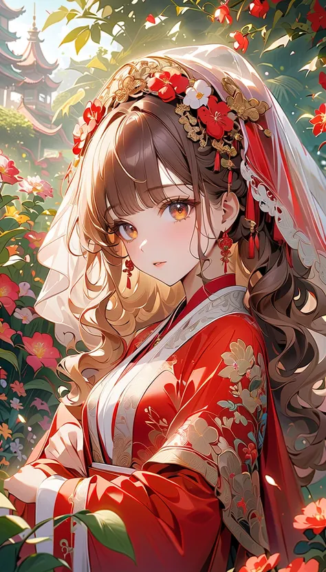 (masterpiece, best quality:1.2),  curly hair curly hair,Head close-up,Eyes are very delicate,Chinese beauty,Gorgeous lace golden red Hanfu,whole body（（（hair accessories）））（（（veil）））,necklace,（（shiny skin））a garden with many flowers,（（（masterpiece）））, （（bes...