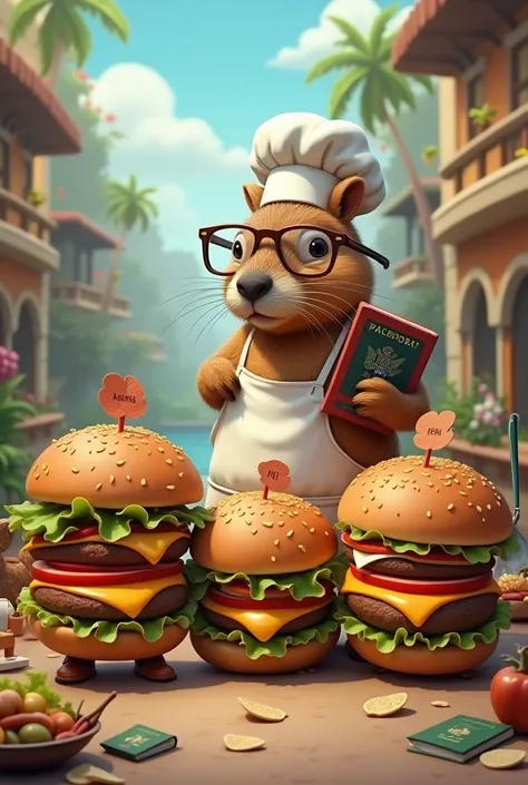 Hamburgers with passports and a capybara chef with glasses
