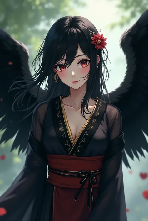  Anime Beautiful Girl、Tengu costume、Black Wings