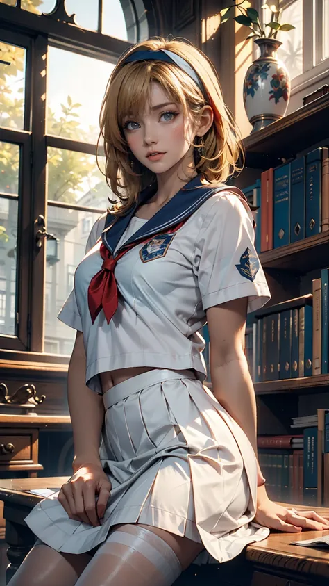 ((masterpiece,Best Quality,  Hi-Res)),  1 girl, Alone, green eyes,  long blonde hair tied with blue ribbon,  short bang ,  sitting, Arms folded on the table, Sleeping with arms crossed,  school uniform,  white sailor suit , Red sailor color ,  Short Sleeve...