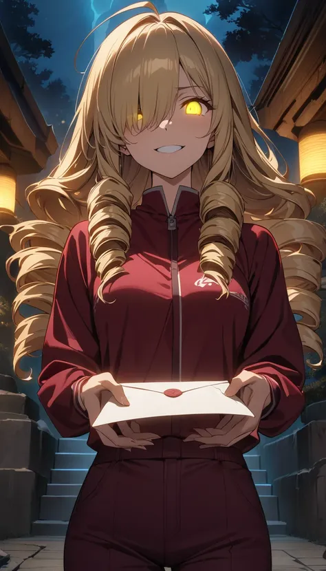 woman、Blonde、hair over one eye、Long Hair、Drill Hair、Ahoge、Gold、Tree Eyes、Details、 glowing eyes、Grinning face、 maroon sportswear、Maroon pants 、Hand over a letter with both hands 、red post、 Japanese tomb background at night 、 upper body、anime、Illustration、Be...