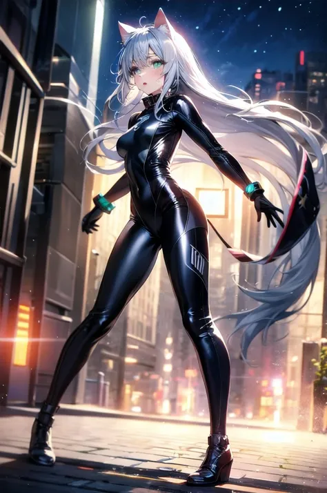 A beautiful girl with silver cat ears, green eyes, silver hair, long hair, black and white battle suit that fits her body perfectly, the background is the night city, the age is 14, dark night, sweat, steam from exhalation, dynamic angles, dynamic action p...