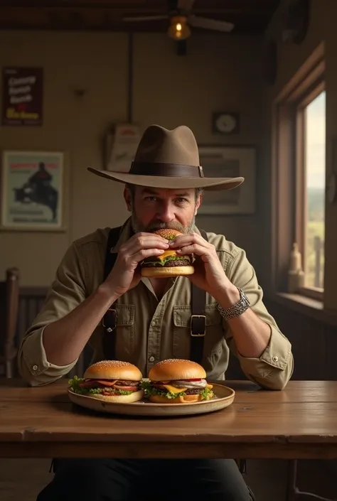 A sheriff eating hamburgers 