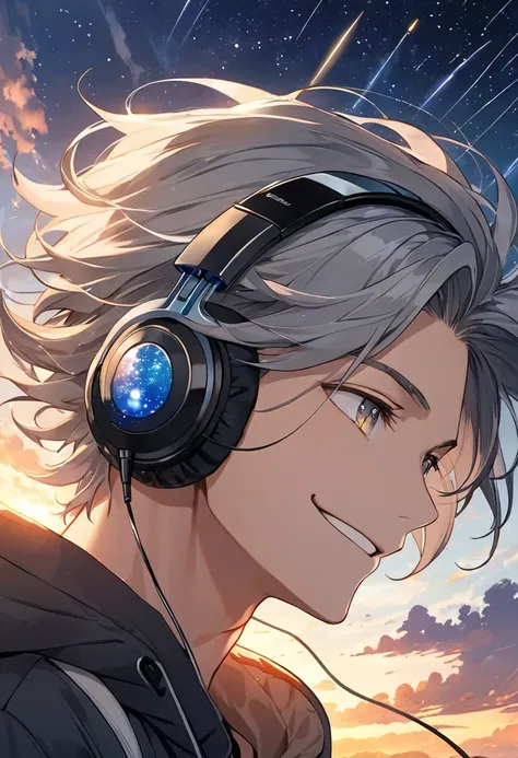 masterpiece, Best Quality, sunset, handsome male anime character, Gray Hair,  has a mean smile on his face at viewers,  headphones,  beautiful starry sky,  looking up at the sky , cloud,  shooting stars,  wind is blowing, 