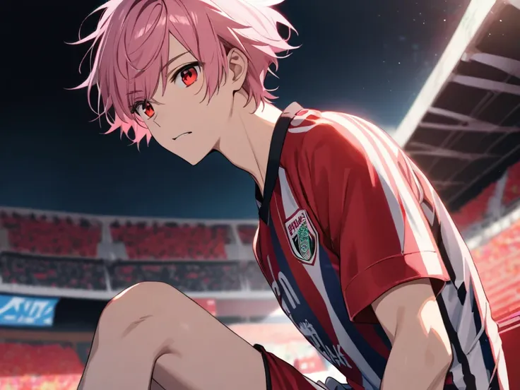 A boy wearing soccer shorts and soccer jersey short pink hair and red eyes of course not a block 