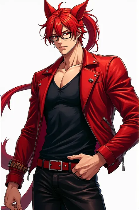   FULL BODY IMAGE ,  manga style ,  Where there is a handsome man  ,  half human and half feline male ,   with long red hair tied in a ponytail  , crimson eyes, Tall and strong ,   seductive face and confident smile  ,   glasses wearing a black shirt ,    ...