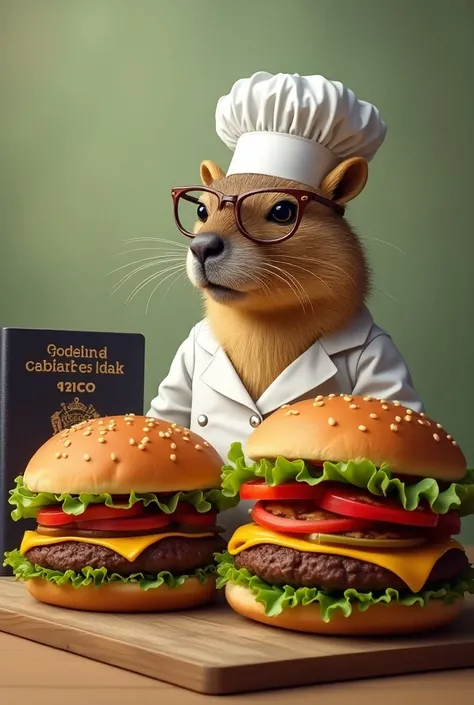  Hamburgers with a passport and a capybara chef with glasses
And that in the image it says : Bread with passport
 In Spanish