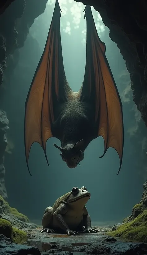 A giant bat hangs upside down from a cave ceiling, wings folded around it, as a large frog sits on a rock below, croaking, both creatures casting long shadows in the caves dim light.