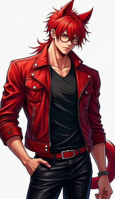   FULL BODY IMAGE ,  manga style ,  Where there is a handsome man  ,  half human and half feline male ,   with long red hair tied in a ponytail  , crimson eyes, Tall and strong ,   seductive face and confident smile  ,   glasses wearing a black shirt ,    ...