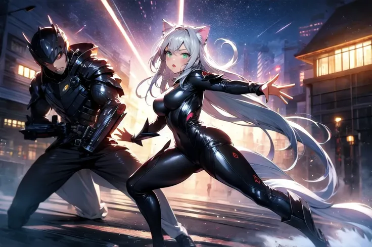 A beautiful girl with silver cat ears, green eyes, silver hair, long hair, black and white battle suit that fits her body perfectly, the background is the night city, the age is 14, dark night, sweat, steam from exhalation, dynamic angles, dynamic action p...