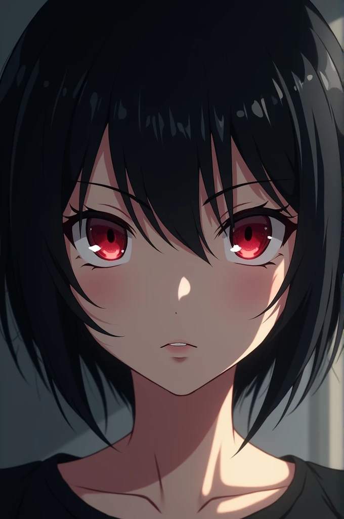  A woman with black hair . She has red eyes .  her hair is short .  She has a stressed expression .  Do it in the style of the anime HunterXHunter.