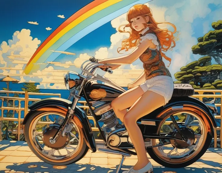  Artwork :Katsuya Terada
8k,  Hi-Res,  complex and precise masterpiece , ( Summer Vacation :1.2), (Girl riding a bike :1.1)、 Facial beauty、transparent, Shining black eyes,  bicycle and brown eyeball ,  Medium Shot ,  orange hair, Organic Shape, Hard Edge, ...