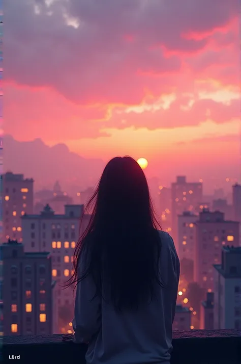 A peaceful, relaxing cityscape at sunset with a dreamy, pastel-colored sky. The sky is painted in shades of pink, orange, and purple, creating a calming, warm ambiance. In the foreground, a silhouette of a woman with long hair is gazing at the view, adding...