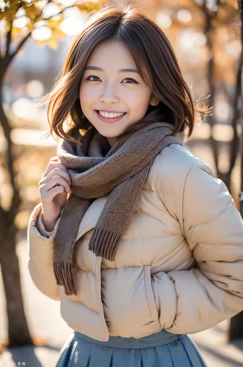 (8k, RAW photo, photorealistic, HQ, masterpiece), a cute Japanese woman, (glowing eyes), 
(Squint eyes light smile:1.4), brown hair, Pixie Bob hair, (Cute late autumn outfits), (Scarf, down jacket, tight long skirt) , blurred background, depth of field, na...