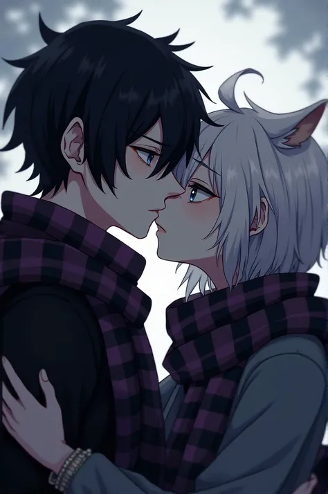 Emo boy with black hair wearing a black and purple striped scarf kissing a girl with white and disheveled pointed hair with bangs that cover one eye