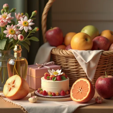 a wooden table background top view, a small cake, gift, boquet, perfume, fruit hamper 