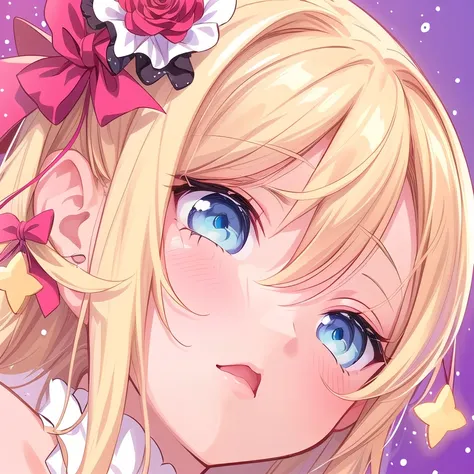 In anime girls、 blonde and blue eyes 、Flowers on the hair, splash art anime change, Ahegao,  Clear facial features , Detailed Key Anime Art, Ahegao face, change,   anime moe art style  , HYPER DETAIL ILLUSATION ,  An anime girl with a white hat and blue ey...