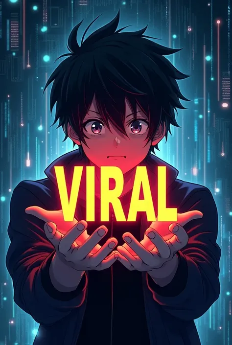 Youtube reel thumbnail with technical background and viral written on it in attractive form with a anime man holding viral in hands and hiding his face