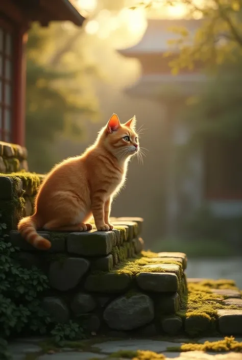 A cat stands on moss-covered stone steps in a quiet temple precinct. The cats body is soft and its fur shines golden in the evening sun. The cats eyes are sharp, watching the movements of its surroundings. Its ears are close to the ground, sensitive to the...